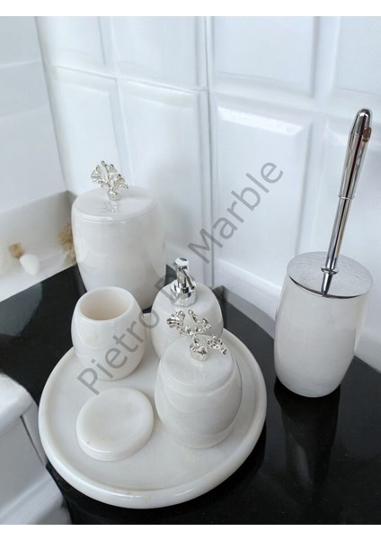 Beyaz Mermer Oval Model 7 Parça Gümüş Renk Mercan Aksesuarlı Banyo Seti indirimleri