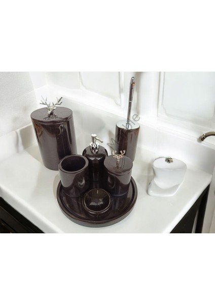 Siyah Mermer Klasik Model 7 Parça Gümüş Renk Geyik Aksesuarlı Banyo Seti
