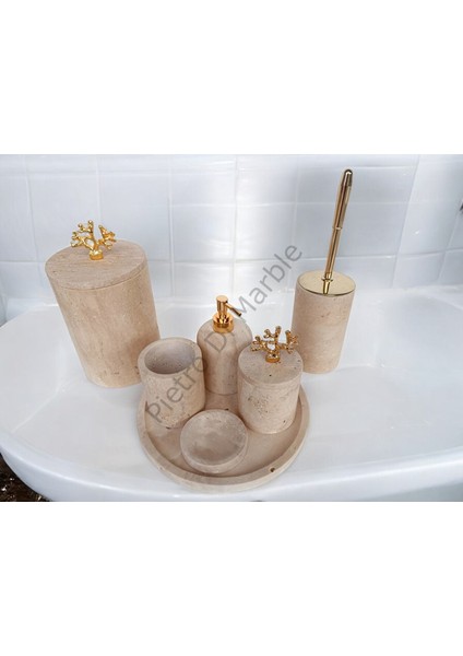 Sarı Traverten Klasik Model 7 Parça Gold Renk Mercan Aksesuarlı Banyo Seti