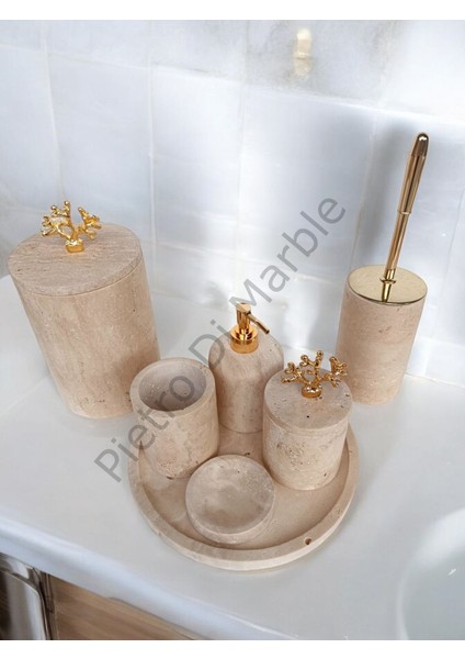 Sarı Traverten Klasik Model 7 Parça Gold Renk Mercan Aksesuarlı Banyo Seti