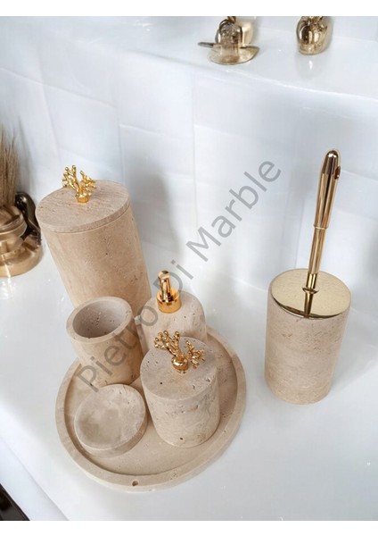 Sarı Traverten Klasik Model 7 Parça Gold Renk Mercan Aksesuarlı Banyo Seti