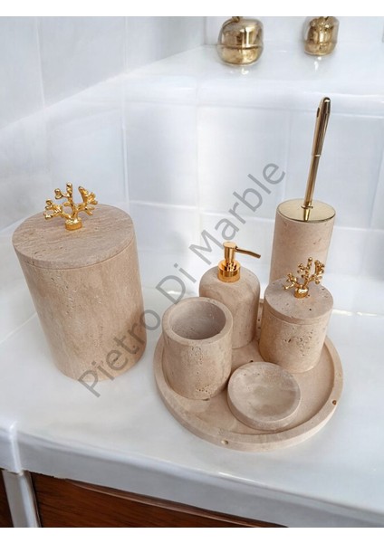 Sarı Traverten Klasik Model 7 Parça Gold Renk Mercan Aksesuarlı Banyo Seti