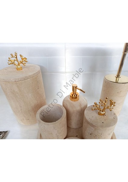 Sarı Traverten Klasik Model 7 Parça Gold Renk Mercan Aksesuarlı Banyo Seti