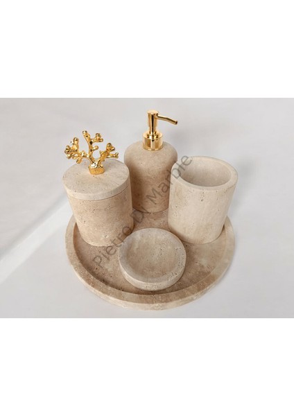 Sarı Traverten Klasik Model 5 Parça Gold Renk Mercan Aksesuarlı Banyo Seti