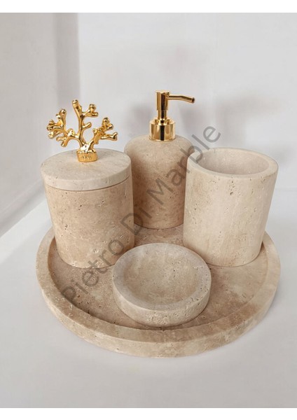 Sarı Traverten Klasik Model 5 Parça Gold Renk Mercan Aksesuarlı Banyo Seti