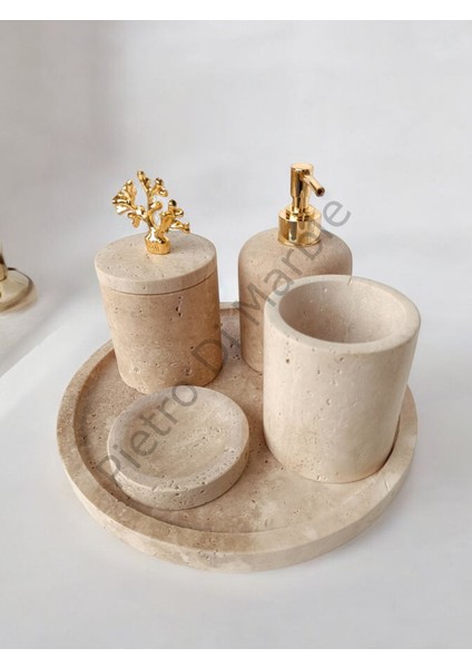 Sarı Traverten Klasik Model 5 Parça Gold Renk Mercan Aksesuarlı Banyo Seti