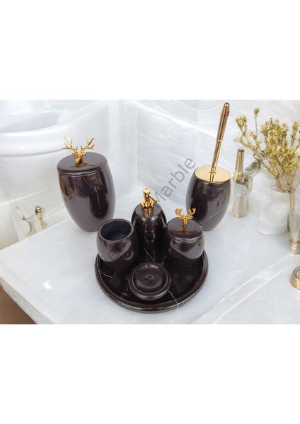 Siyah Mermer Oval Model 7 Parça Gold Renk Geyik Aksesuarlı Banyo Seti