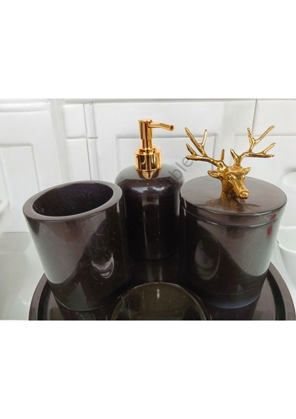 Siyah Mermer Klasik Model 5 Parça Gold Renk Geyik Aksesuarlı Banyo Seti