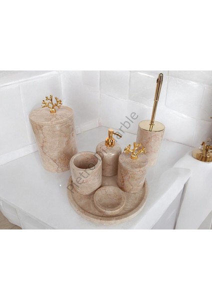 Bej Mermer Klasik Model 7 Parça Gold Renk Mercan Aksesuarlı Banyo Seti