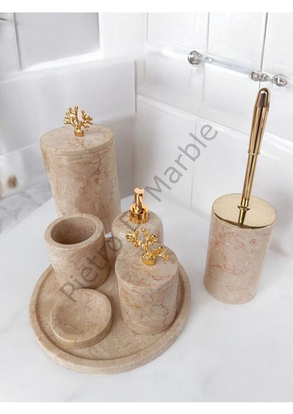 Bej Mermer Klasik Model 7 Parça Gold Renk Mercan Aksesuarlı Banyo Seti