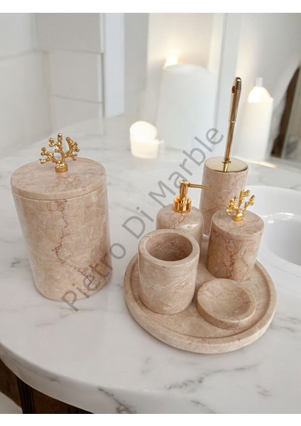 Bej Mermer Klasik Model 7 Parça Gold Renk Mercan Aksesuarlı Banyo Seti