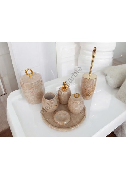 Bej Mermer Oval Model 7 Parça Gold Renk Halka Aksesuarlı Banyo Seti