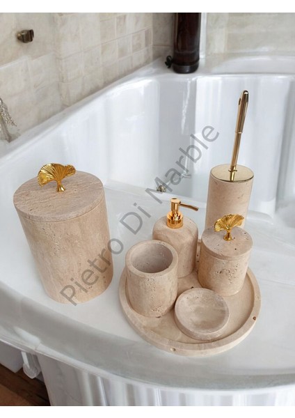 Sarı Traverten Klasik Model 7 Parça Gold Renk Japon Gülü Aksesuarlı Banyo Seti