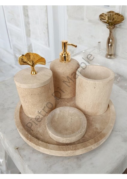 Sarı Traverten Klasik Model 5 Parça Gold Renk Japon Gülü Aksesuarlı Banyo Seti