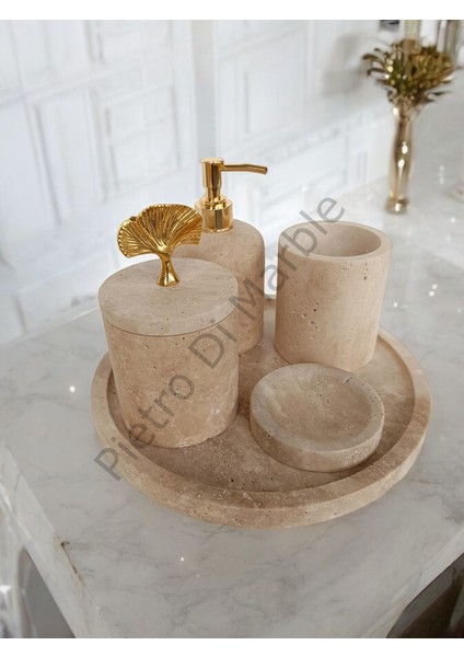 Sarı Traverten Klasik Model 5 Parça Gold Renk Japon Gülü Aksesuarlı Banyo Seti