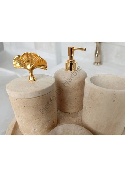 Sarı Traverten Klasik Model 5 Parça Gold Renk Japon Gülü Aksesuarlı Banyo Seti