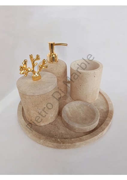 Sarı Traverten Klasik Model 5 Parça Gold Renk Mercan Aksesuarlı Banyo Seti