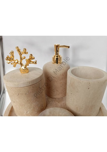 Sarı Traverten Klasik Model 5 Parça Gold Renk Mercan Aksesuarlı Banyo Seti