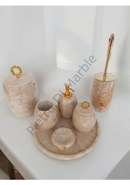 Bej Mermer Oval Model 7 Parça Gold Renk Halka Aksesuarlı Banyo Seti
