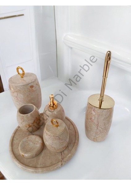 Bej Mermer Oval Model 7 Parça Gold Renk Halka Aksesuarlı Banyo Seti