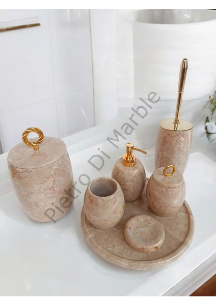 Bej Mermer Oval Model 7 Parça Gold Renk Halka Aksesuarlı Banyo Seti