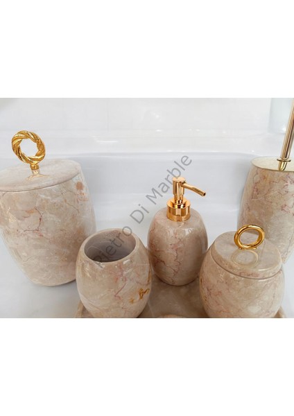 Bej Mermer Oval Model 7 Parça Gold Renk Halka Aksesuarlı Banyo Seti