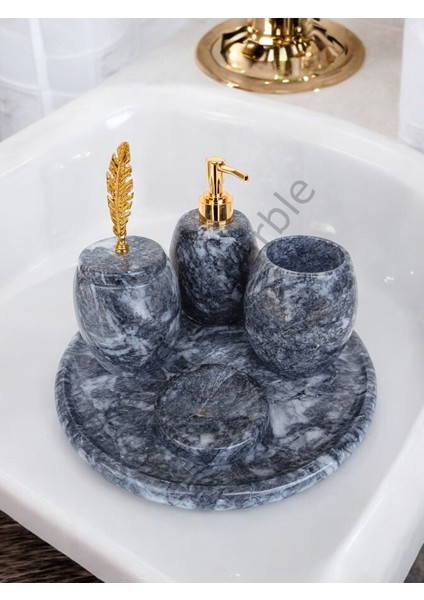Antrasit Mermer Oval Model 5 Parça Gold Renk Kuş Tüyü Aksesuarlı Banyo Seti