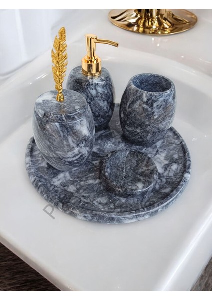 Antrasit Mermer Oval Model 5 Parça Gold Renk Kuş Tüyü Aksesuarlı Banyo Seti