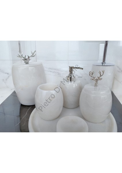 Beyaz Mermer Oval Model 7 Parça Gümüş Renk Geyik Aksesuarlı Banyo Seti