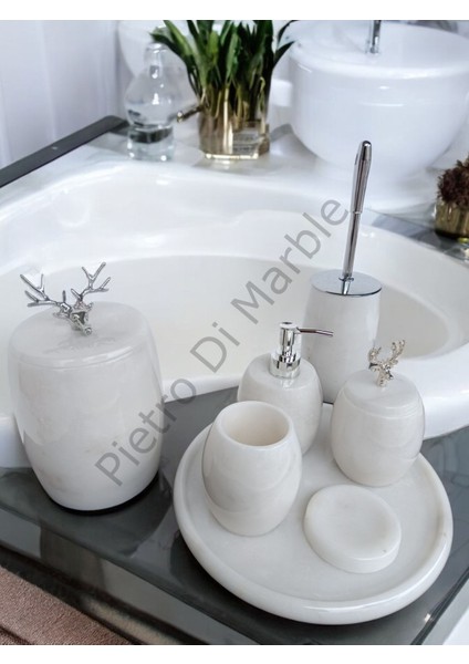 Beyaz Mermer Oval Model 7 Parça Gümüş Renk Geyik Aksesuarlı Banyo Seti fiyatları
