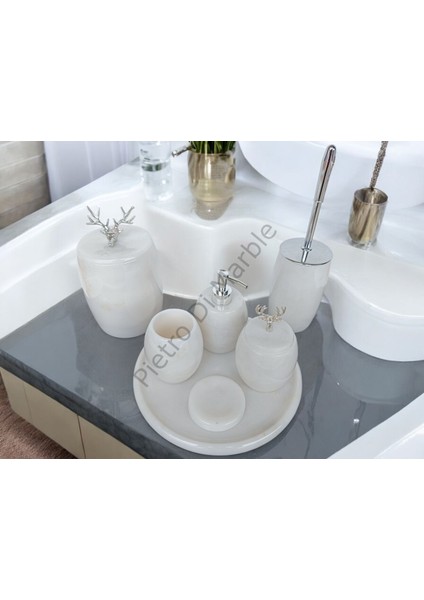 Beyaz Mermer Oval Model 7 Parça Gümüş Renk Geyik Aksesuarlı Banyo Seti modelleri