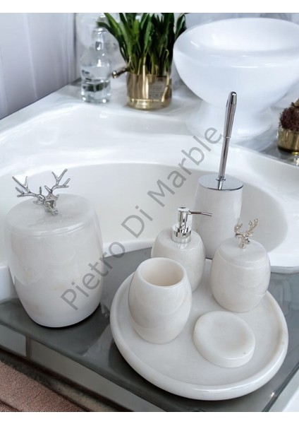 Beyaz Mermer Oval Model 7 Parça Gümüş Renk Geyik Aksesuarlı Banyo Seti fırsatları