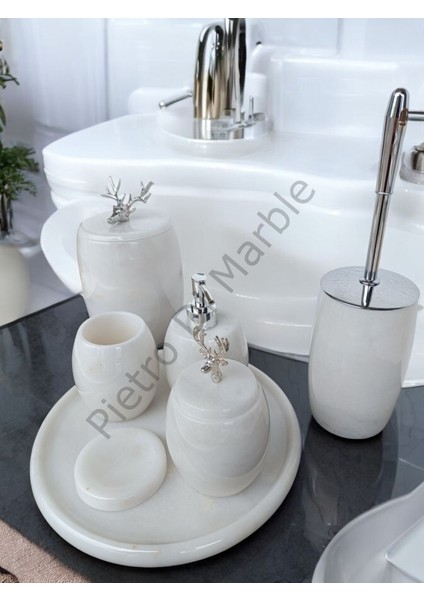 Beyaz Mermer Oval Model 7 Parça Gümüş Renk Geyik Aksesuarlı Banyo Seti indirimleri