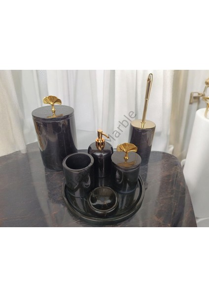 Siyah Mermer Klasik Model 7 Parça Gold Renk Japon Gülü Aksesuarlı Banyo Seti