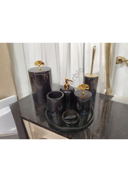 Siyah Mermer Klasik Model 7 Parça Gold Renk Japon Gülü Aksesuarlı Banyo Seti