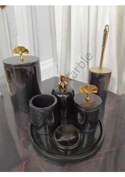 Siyah Mermer Klasik Model 7 Parça Gold Renk Japon Gülü Aksesuarlı Banyo Seti