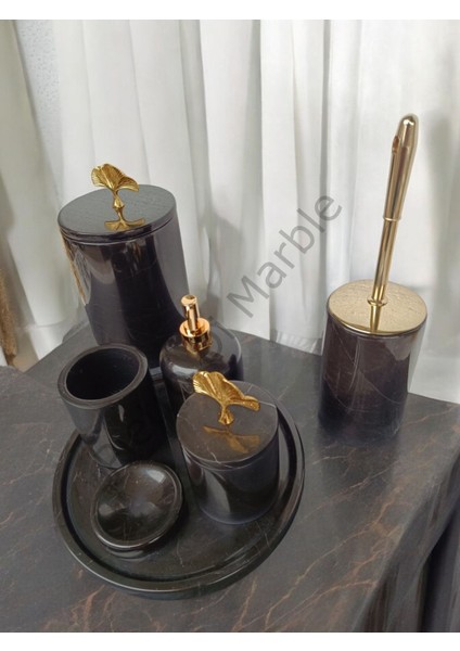 Siyah Mermer Klasik Model 7 Parça Gold Renk Japon Gülü Aksesuarlı Banyo Seti