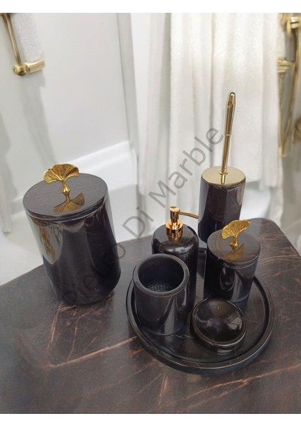 Siyah Mermer Klasik Model 7 Parça Gold Renk Japon Gülü Aksesuarlı Banyo Seti