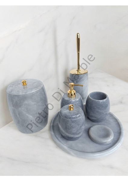 Gri Mermer Oval Model 7 Parça Gold Renk Düğme Aksesuarlı Banyo Seti