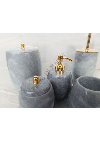 Gri Mermer Oval Model 7 Parça Gold Renk Düğme Aksesuarlı Banyo Seti