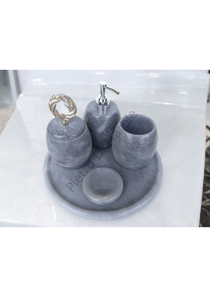 Gri Mermer Oval Model 5 Parça Gümüş Renk Halka Aksesuarlı Banyo Seti