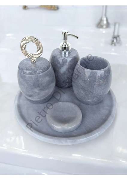 Gri Mermer Oval Model 5 Parça Gümüş Renk Halka Aksesuarlı Banyo Seti