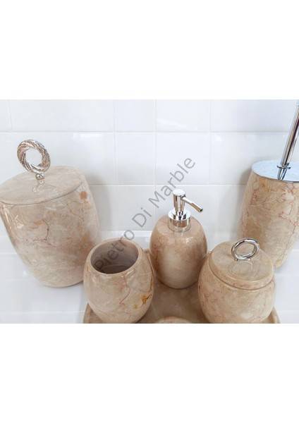 Bej Mermer Oval Model 7 Parça Gümüş Renk Halka Aksesuarlı Banyo Seti