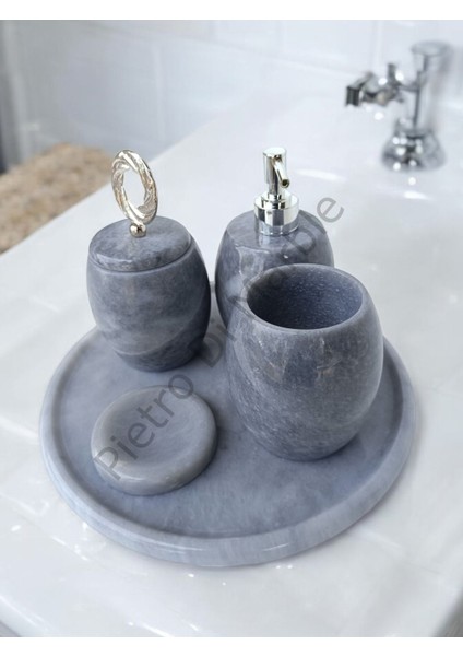Gri Mermer Oval Model 5 Parça Gümüş Renk Halka Aksesuarlı Banyo Seti