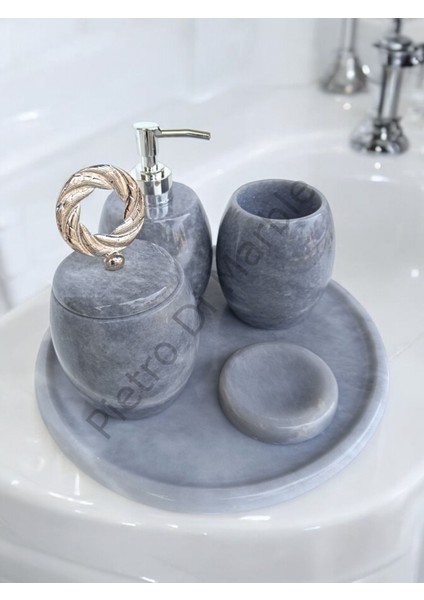 Gri Mermer Oval Model 5 Parça Gümüş Renk Halka Aksesuarlı Banyo Seti