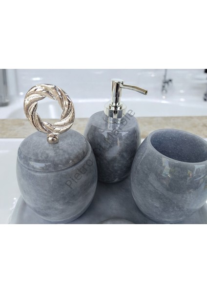Gri Mermer Oval Model 5 Parça Gümüş Renk Halka Aksesuarlı Banyo Seti