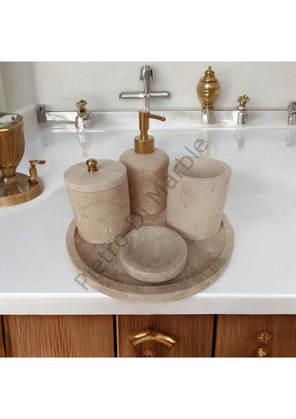 Sarı Traverten Klasik Model 5 Parça Mat Gold Renk Düğme Aksesuarlı Banyo Seti
