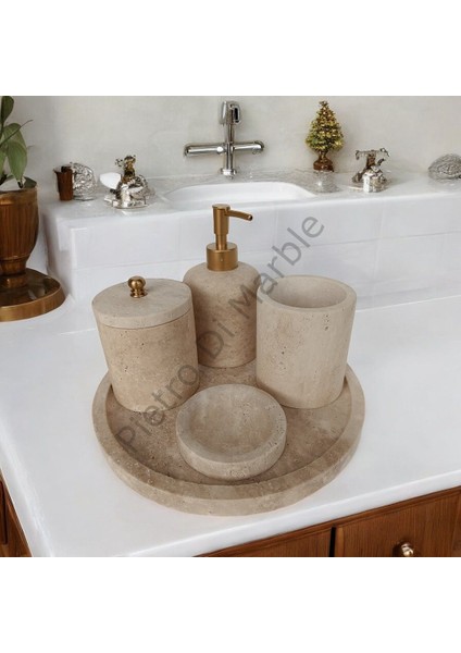 Sarı Traverten Klasik Model 5 Parça Mat Gold Renk Düğme Aksesuarlı Banyo Seti