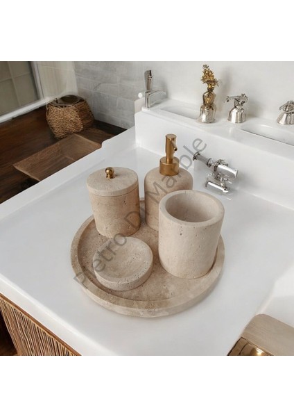 Sarı Traverten Klasik Model 5 Parça Mat Gold Renk Düğme Aksesuarlı Banyo Seti