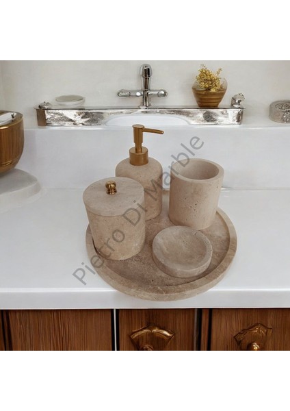 Sarı Traverten Klasik Model 5 Parça Mat Gold Renk Düğme Aksesuarlı Banyo Seti